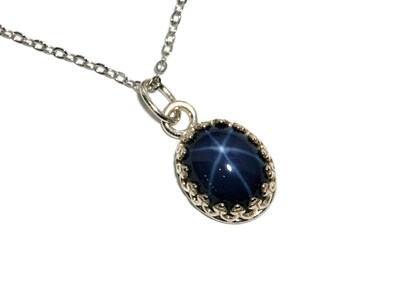 Oval Lab Created Blue Star Sapphire Crown Style Bezel Polished Silver Necklace by Salish Sea Inspirations - image1